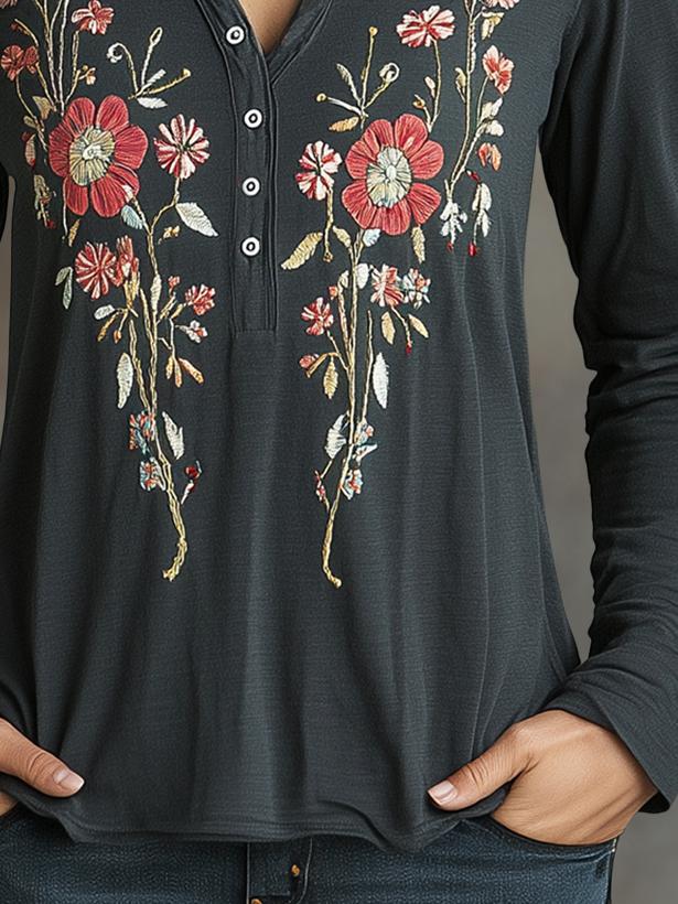 Retro Exquisite Handmade Embroidery Henley T-shirt