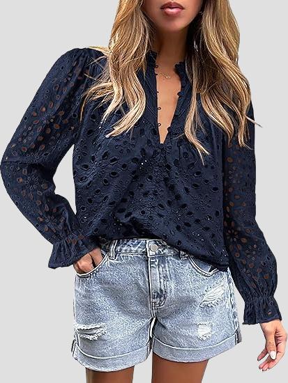 Elegant Half-open Hollow-out Lace Puff Sleeves Blouse