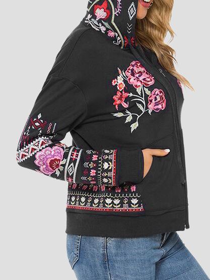 Stylish Floral Embroidered Hooded Sweatshirt Jacket