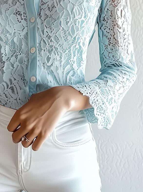 Elegant Lapel Single-breasted Long Sleeve Lace Shirt