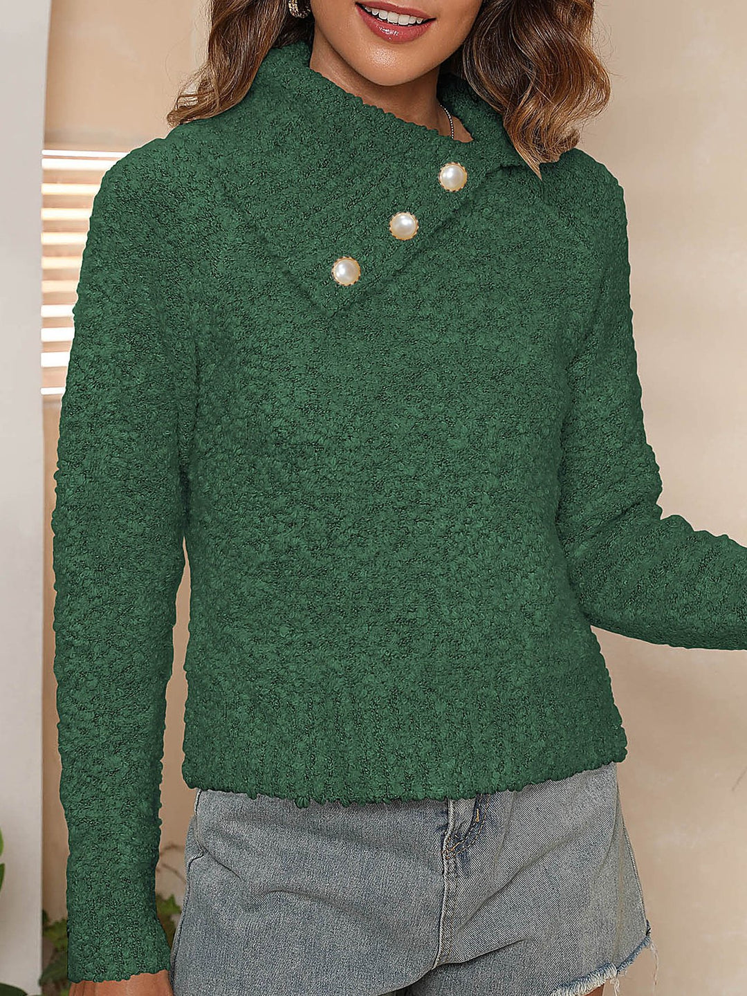 Stylish Irregular Large Lapel Pearl Button Pullover Sweater