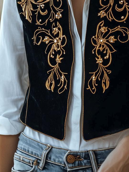 Boho Stand Collar Gold Thread Embroidery Suede Vest