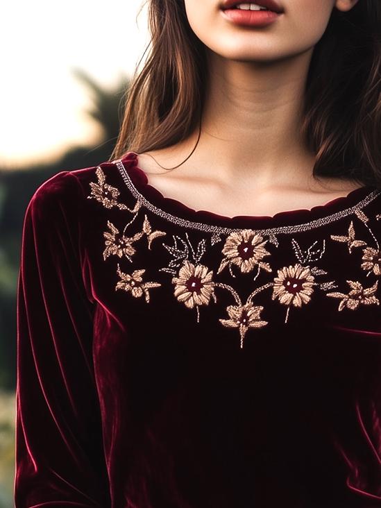 Boho Ruffled Collar Golden Floral Embroidery Velvet Top