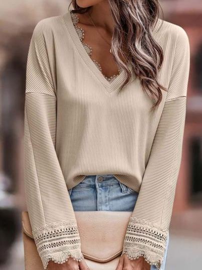 Elegant V-neck Lace Trim Knited Long Sleeves T-shirt