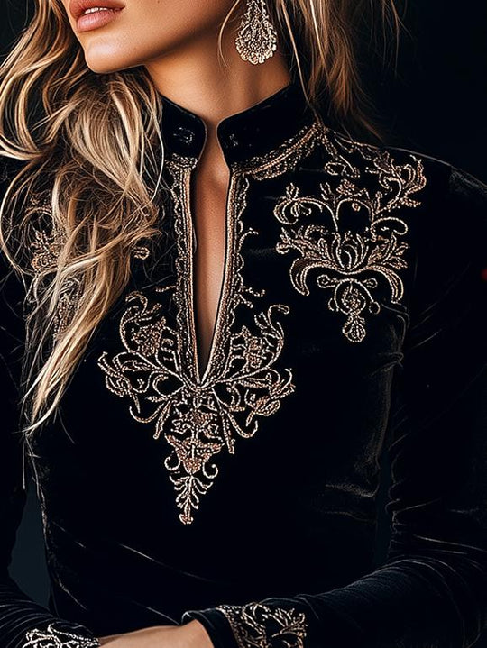 Chic V-neck Golden Embroidery Long Sleeves Velvet Shirt