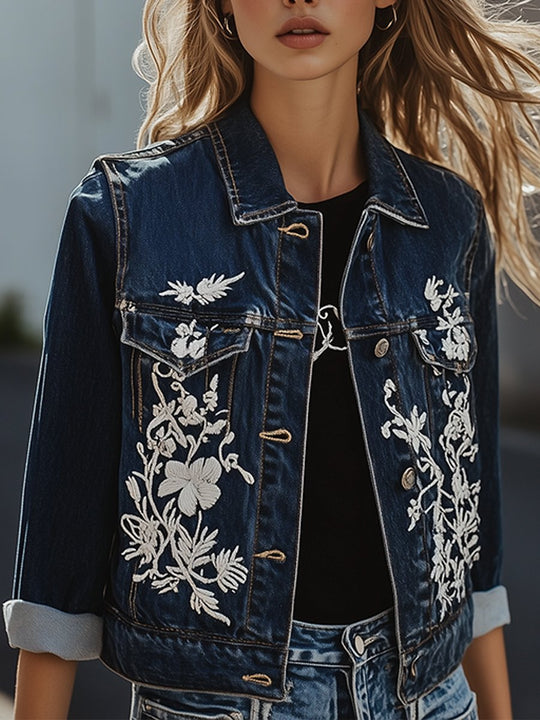 Floral Elegance Embroidered Denim Vest