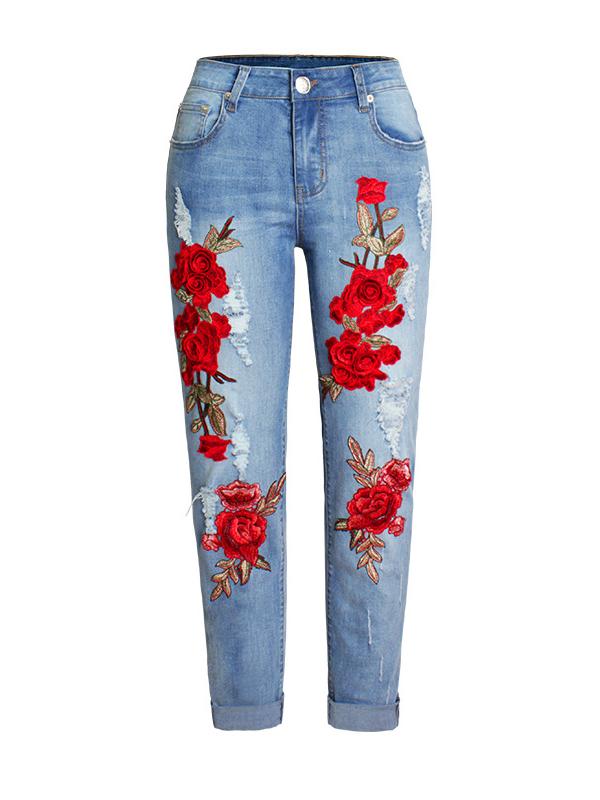 Handmade 3D Embroidered Floral Ripped Jeans