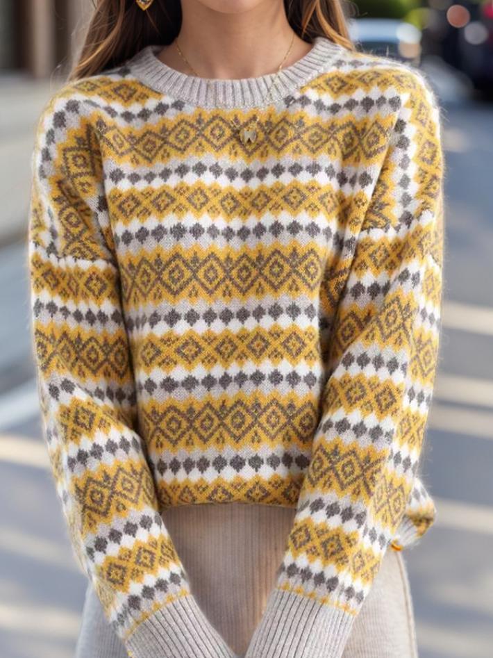 Vintage Round Neck Tribal Jacquard Pullover Sweater