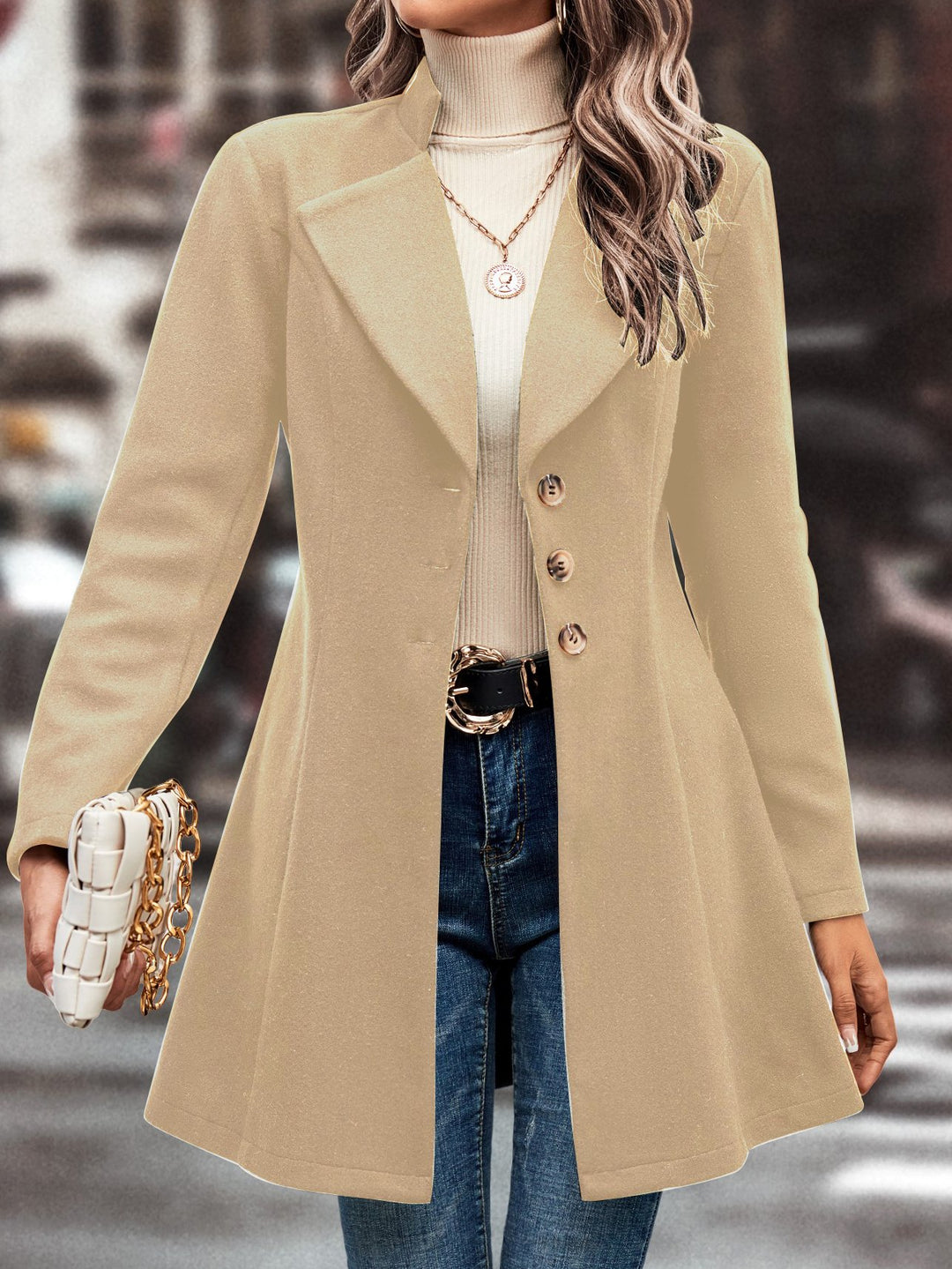 Chic Suit Collar Solid Color Woolen Coat