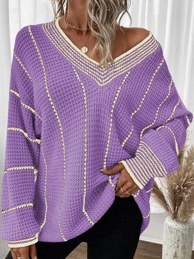 Stylish V-neck Mid-length Knit Striped Loose Sweater