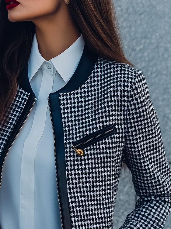 Chic Round Neck Houndstooth Pattern Zipper Jacket