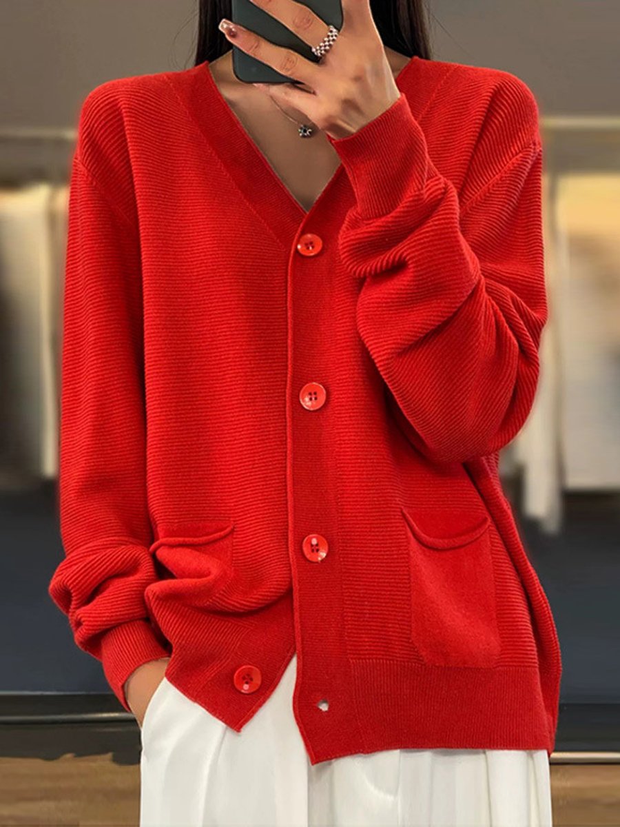 Pocket Solid Color V-Neck Knitted Cardigan