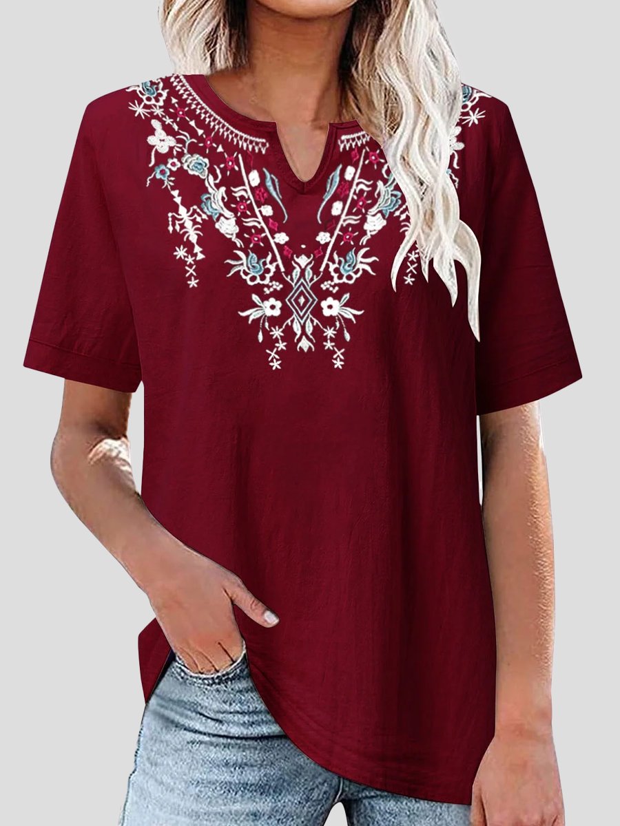 Cotton Linen Embroidered V-Neck Short Sleeve T-Shirt