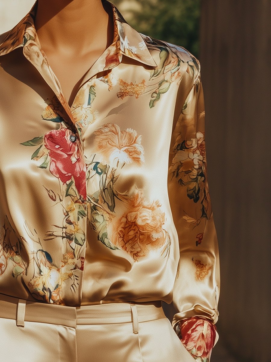 Golden Bloom Satin Floral Blouse