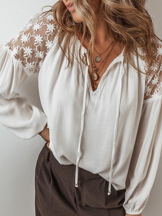 Elegant Sheer Lace Patchwork Loose Chiffon Blouse