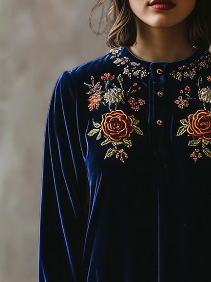 Retro Half-placket Floral Embroidery Loose Velvet Dress