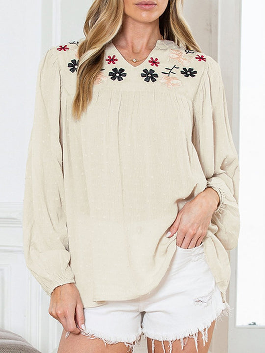 Ethnic Floral Embroidered Loose Long-Sleeved Blouse