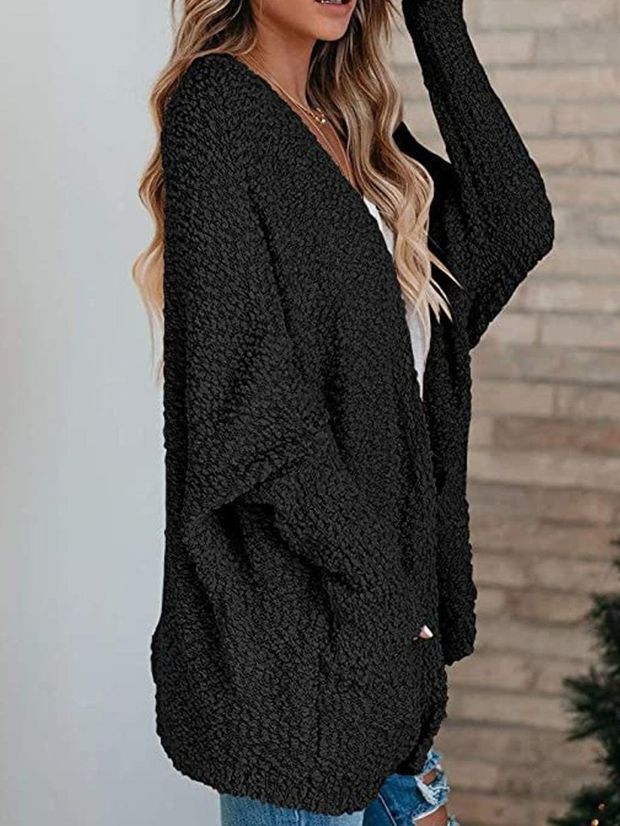 Grain Fleece Double Pocket Bat Sleeve Cardigan Sweater