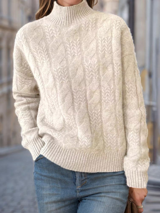 Retro Mock Neck Cable Knit Solid Color Pullover Sweater