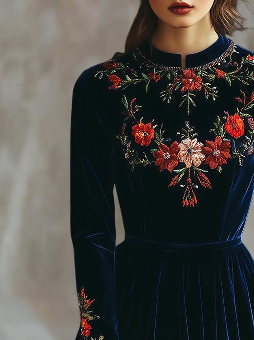 Chic Stand Collar Embroidery A-line Velvet Dress