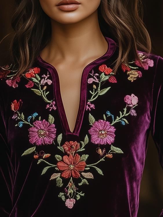 Vintage Floral Embroidery V-neck Long Sleeves Velvet T-shirt