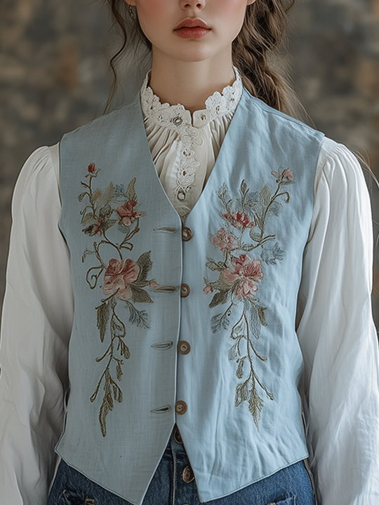 Romantic Charm Pastel Blue Embroidered Floral Vest