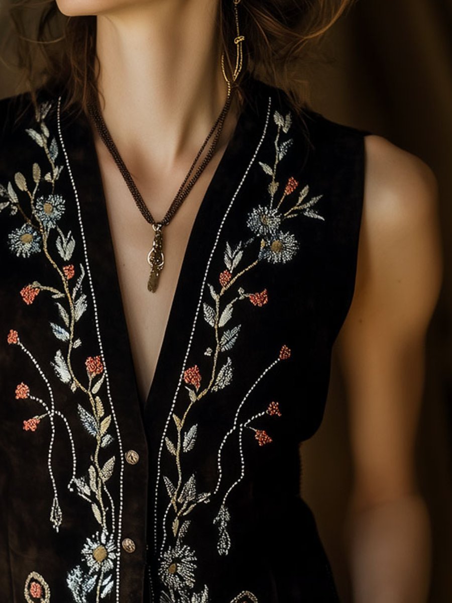 Vintage Flower Embroidery Single-breasted Suede Vest