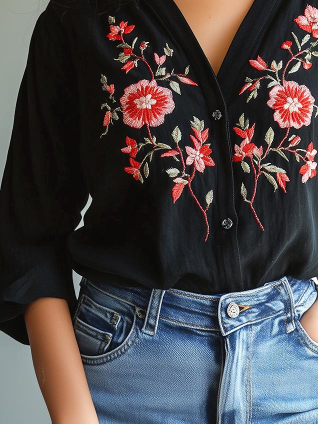 Chic Bohemia Handmade Flower Embroidery Shirt