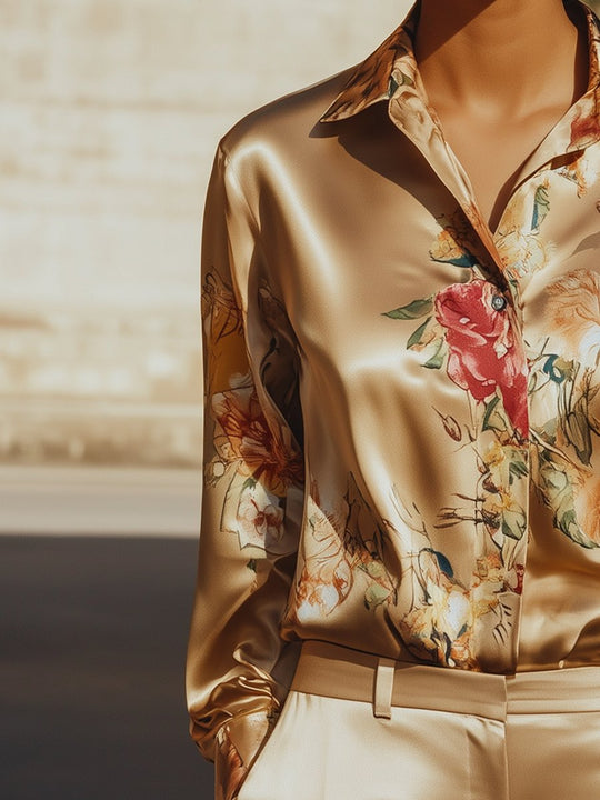 Golden Bloom Satin Floral Blouse