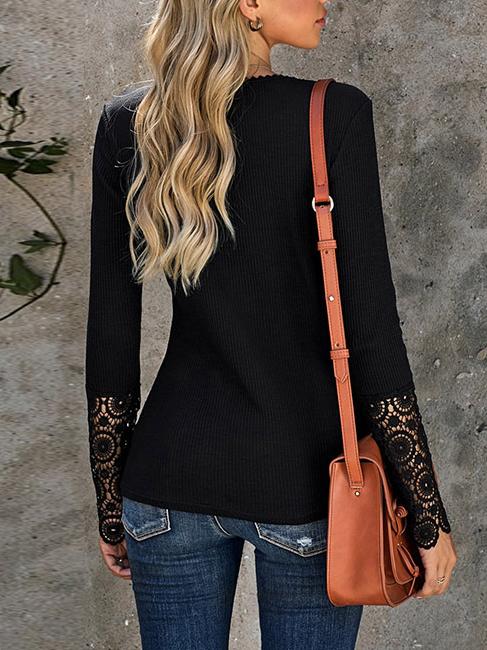 Chic Lace Patchwork Long Sleeve Slim Henley T-shirt