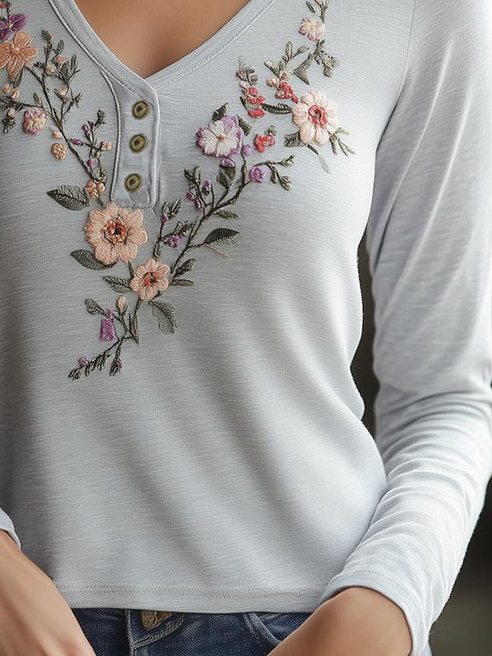 Chic Floral Handmade Embroidery Long Sleeves T-shirt