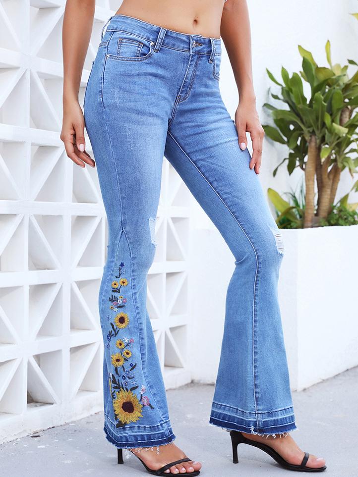 Handmade 3D Embroidered Floral Flare Jeans