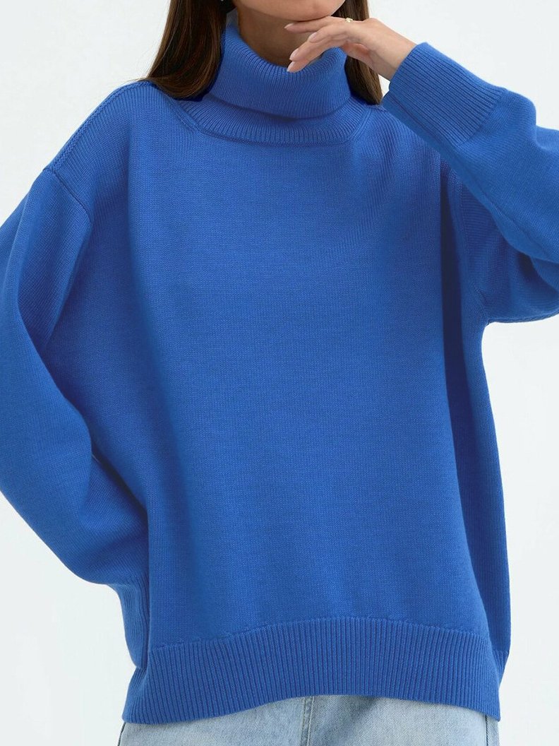 Basic Turtleneck Solid Color Ribbed Trim Knited Sweater