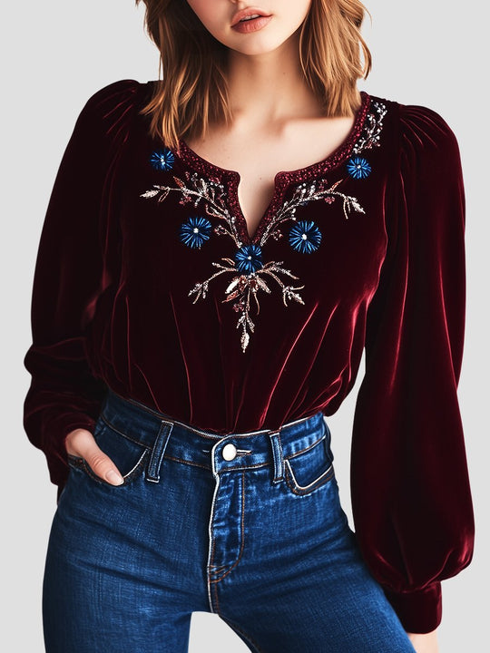 Chic V-neck Blue Floral Embroidery Loose Velvet Blouse