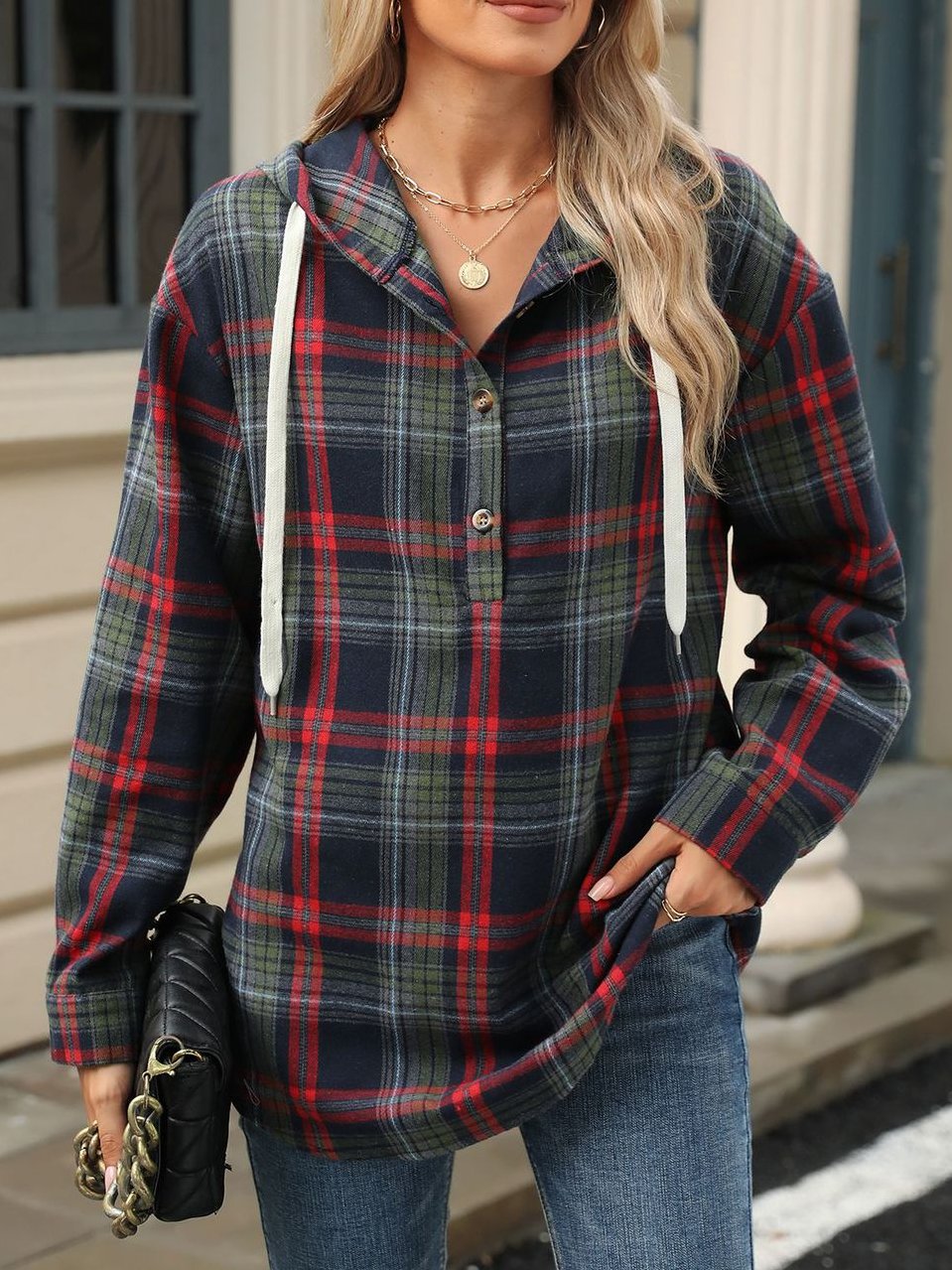 Retro Loose Fit Long Sleeve Button Plaid Hoodie