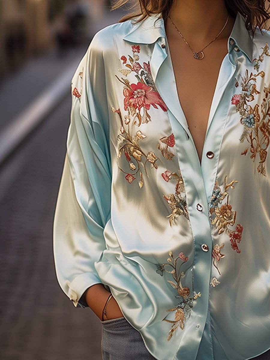 Blue Floral Digital Printed Satin Shirt