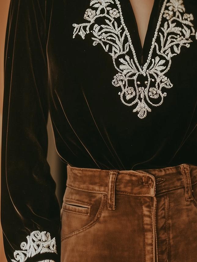 Classic V-neck Boho Embroidery Long Sleeves Velvet T-shirt