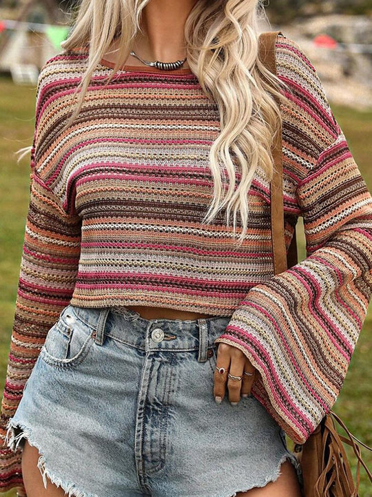 Chic Multi-color Striped Bell Sleeves Knited Loose Sweater