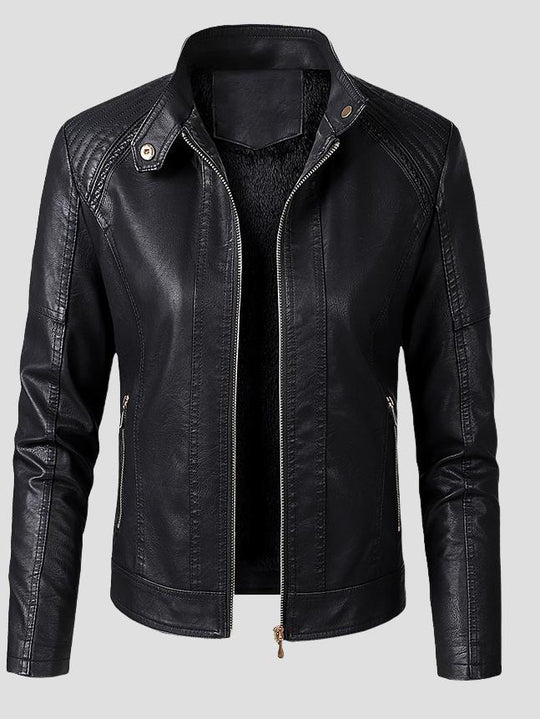 Women Warm Lined Stand Collar Leather Biker Jacket