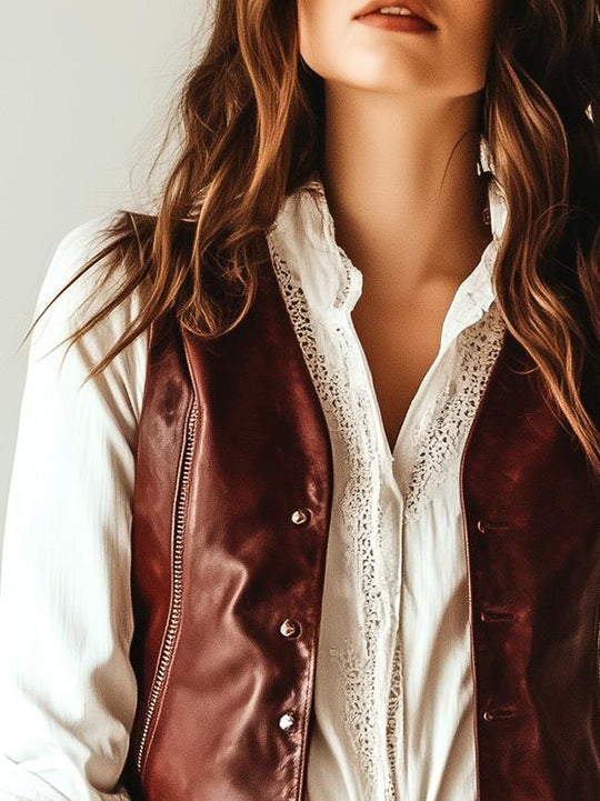 Vintage All-match Button Down Leather Waistcoat