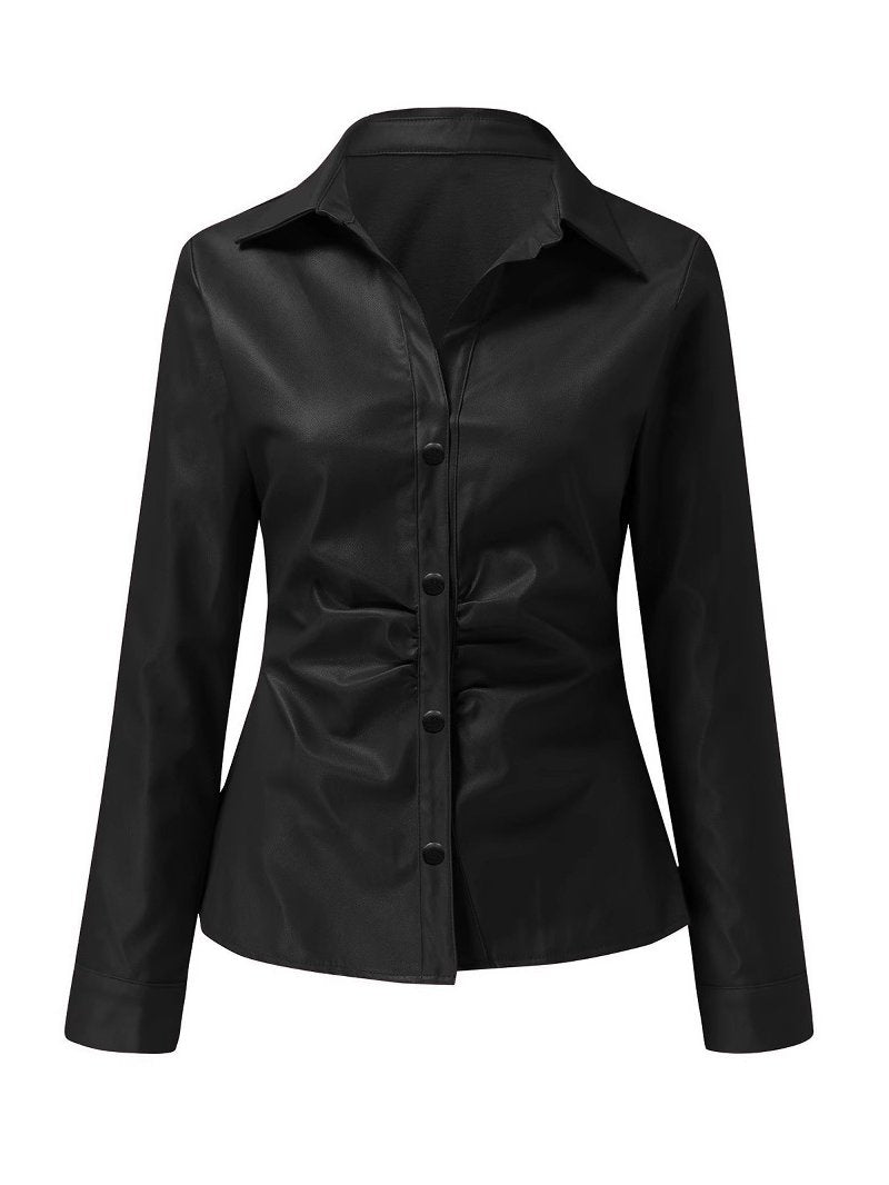 Stylish Lapel Waist-cinched Button Down Leather Shirt