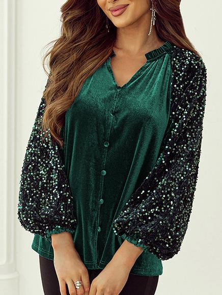 Stylish V-neck Sequine Sleeves Patchwork Velvet Top