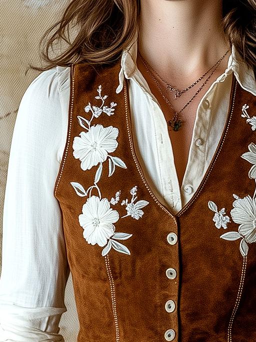 Vintage Waist-cinched Handmade Embroidery Suede Vest