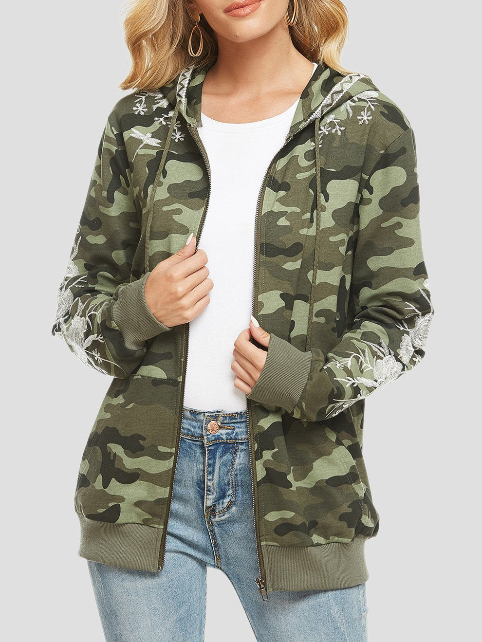 Classic Floral Embroidered Camouflage Hooded Jacket