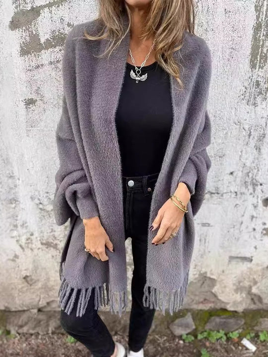 Casual Knitted Plush Tassel Shawl Coat