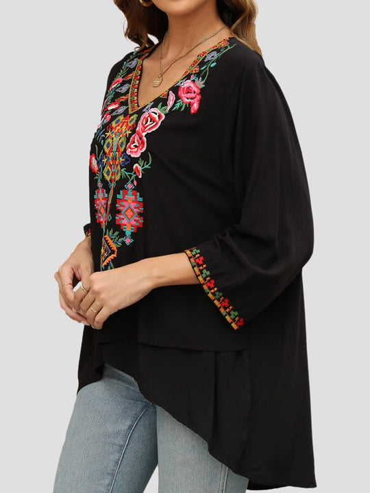 Ethnic Embroidered Loose-fitting V-neck Top