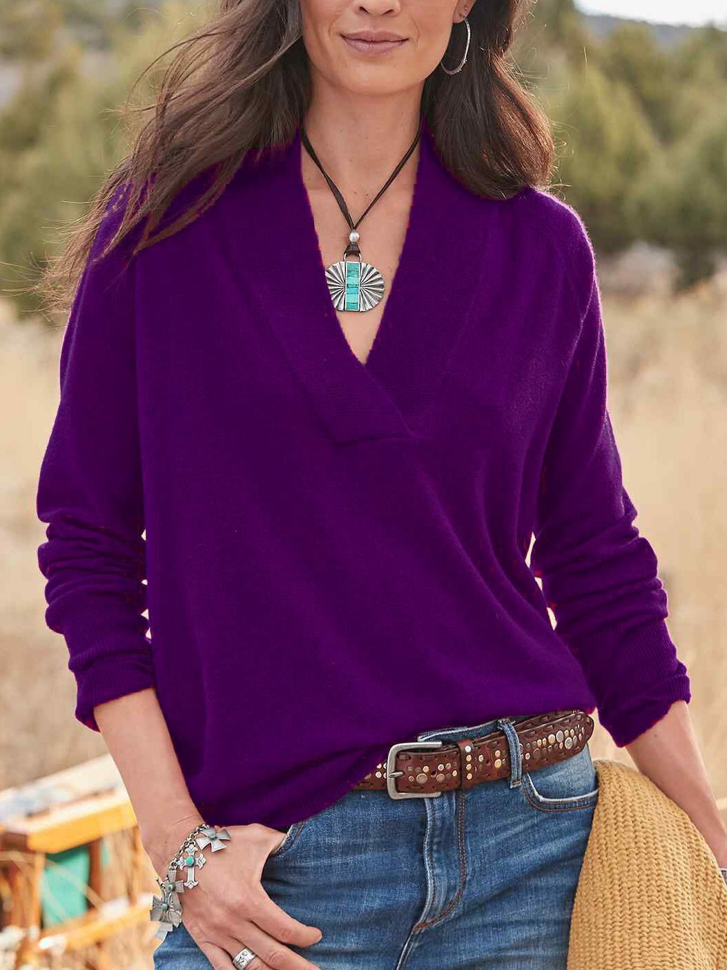 Retro V-neck Solid Color Knited Pullover Top