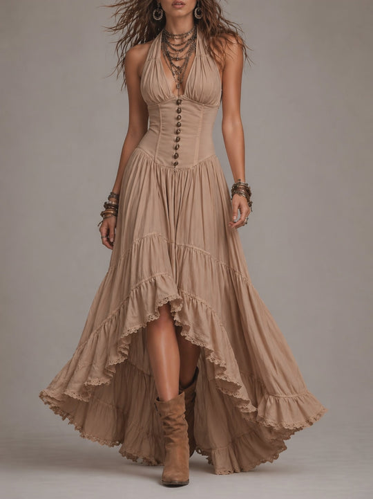 Bohemian Cotton Halter Corset Tiered Maxi Dress