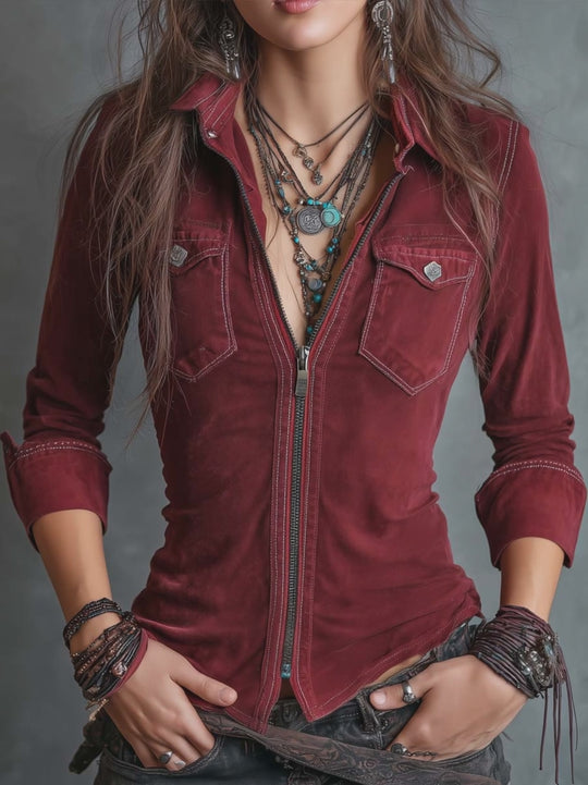 Vintage Zip-up Collar Flap Pocket Distressed Denim Shirt