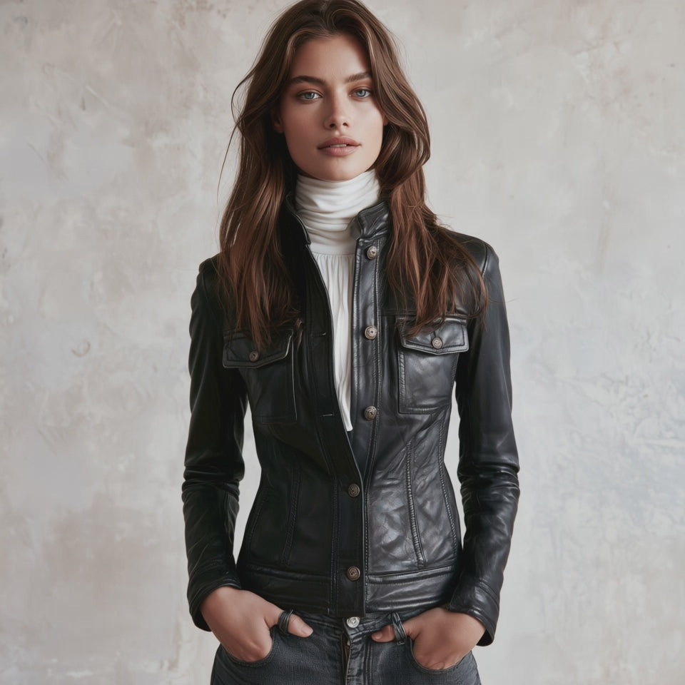 Women's Stand Neck Slim-Fit Faux Leather Jacket
